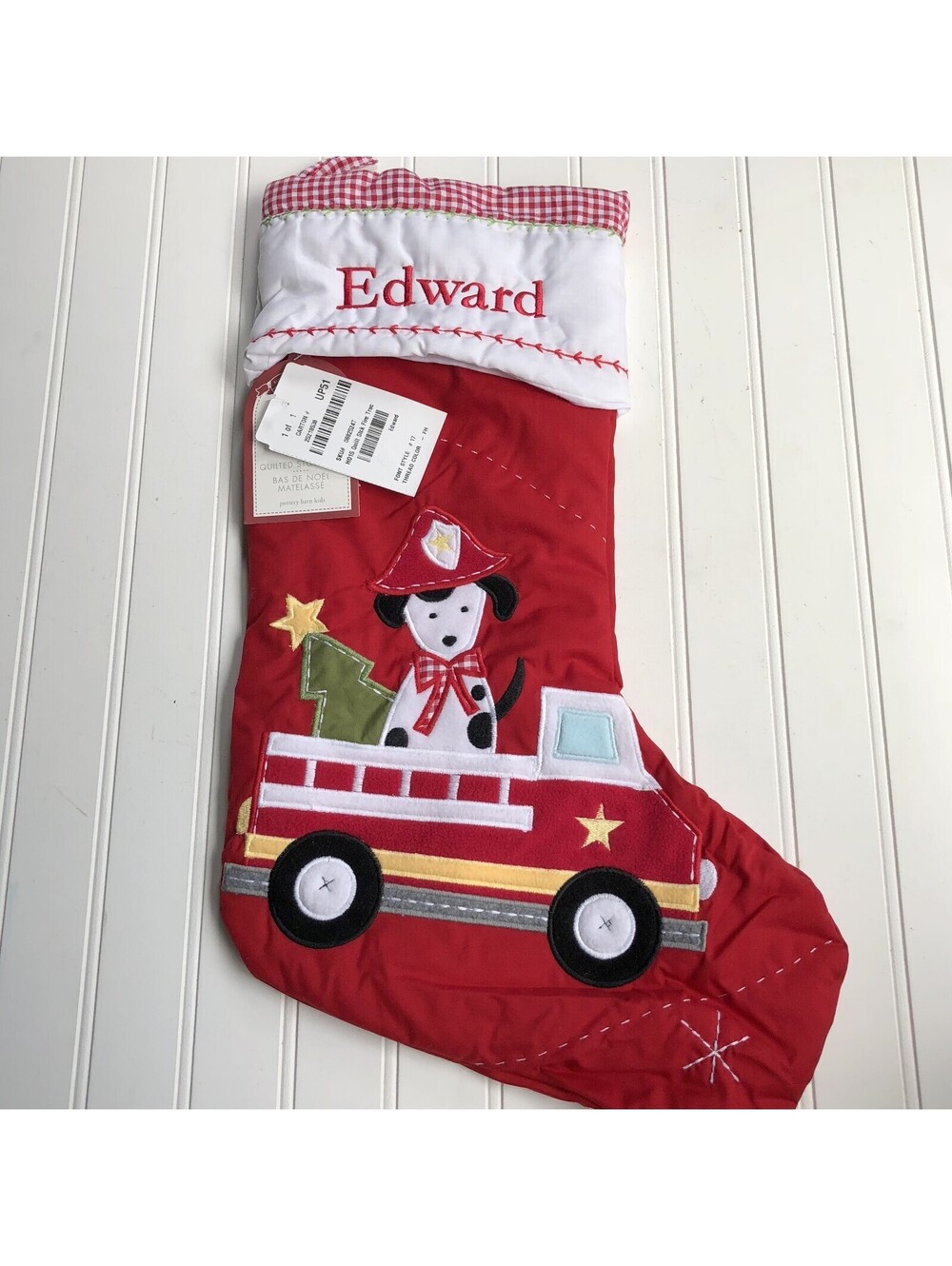 Pottery Barn Kids Red Quilted Stocking NWT Christmas Dog Fire Truck EDWARD
